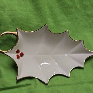Lenox Ivory with Gold Trim Holly Leaf Christmas Candy Dish with Box
